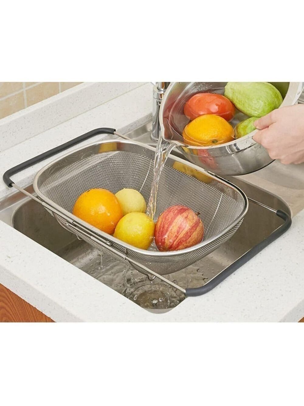 New Unused Stainless Steel Over the Sink Colander Strainer Basket
